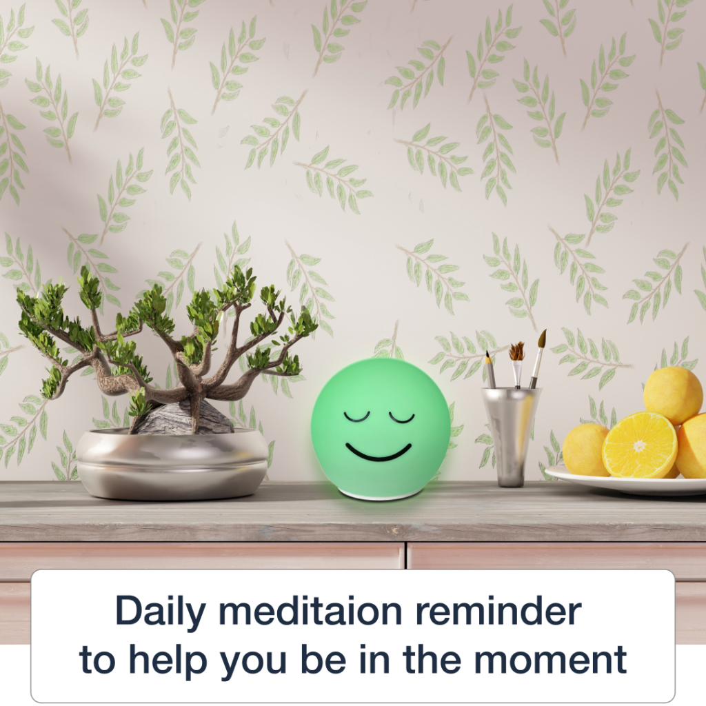 Smiling green Breathing Ball widget on a calm desk, a daily meditation reminder for HRV-guided breathing